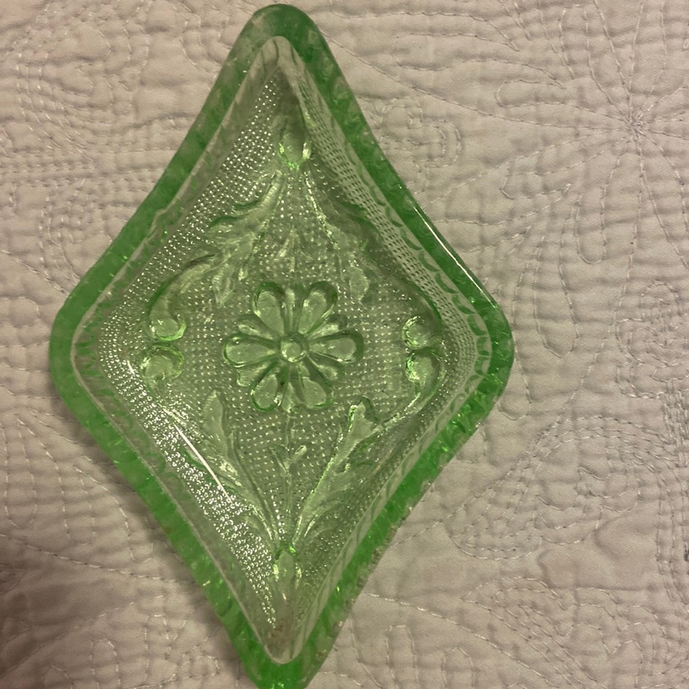 Green pressed glass dish. EC